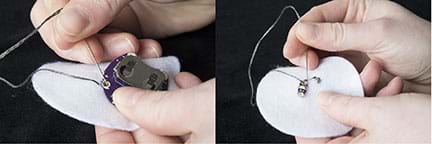 Two photographs show hands sewing on a three-inch round white felt circle with a needle and conductive thread. On the left, stitches secure the battery holder to the felt. On the right, stitches secure a LED board on the opposite side of the same felt piece. 