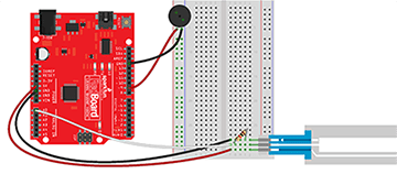 A diagram shows a RedBoard on the left with wires connecting to a breadboard on the right. The breadboard has a speaker on its top left and a resistor on its bottom right that is connected to a potentiometer.