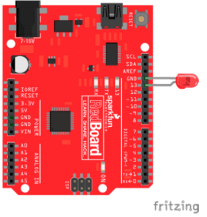 A photograph shows an LED plugged into a red circuit board with the shorter leg connected to GND and the longer leg connected to 13.