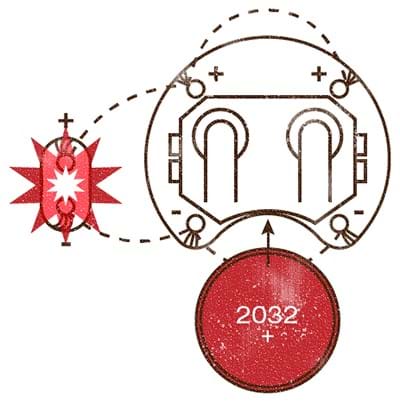 A schematic diagram shows a line drawing of a battery holder and a round battery positioned with the labeled side (“2032+” printed on it) facing up so with an arrow showing where to insert it so the LED connections are made.
