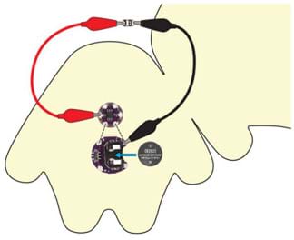 A diagram like Figure 3 with the addition of two alligator clips and an LED to show a test circuit. A black alligator clip runs from the negative pin on the battery holder to the negative pin of the LED. A red alligator clip attaches the positive pin of the LED to one of the numbered LilytTiny sequence pins.