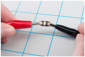 A photograph shows two hands each holding an alligator clip to opposite sides of one LED. The black alligator clip is attached to the LED’s negative pin. The red alligator clip is attached to the LED’s positive pin.