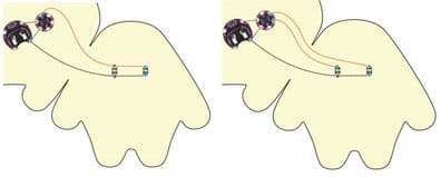 Two similar diagrams both show the positive (red) and negative (black) conductive thread stitching lines on the second half of the felt template that connect two monster eyeball LEDs to the LilyTiny circuit on the first half of the felt template. Details are provided in the accompanying text.