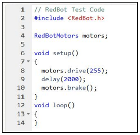 A screen capture shows 14 lines of code with the commented title: RedBot Test Code. This is the basic code for controlling the RedBot drive motors. 