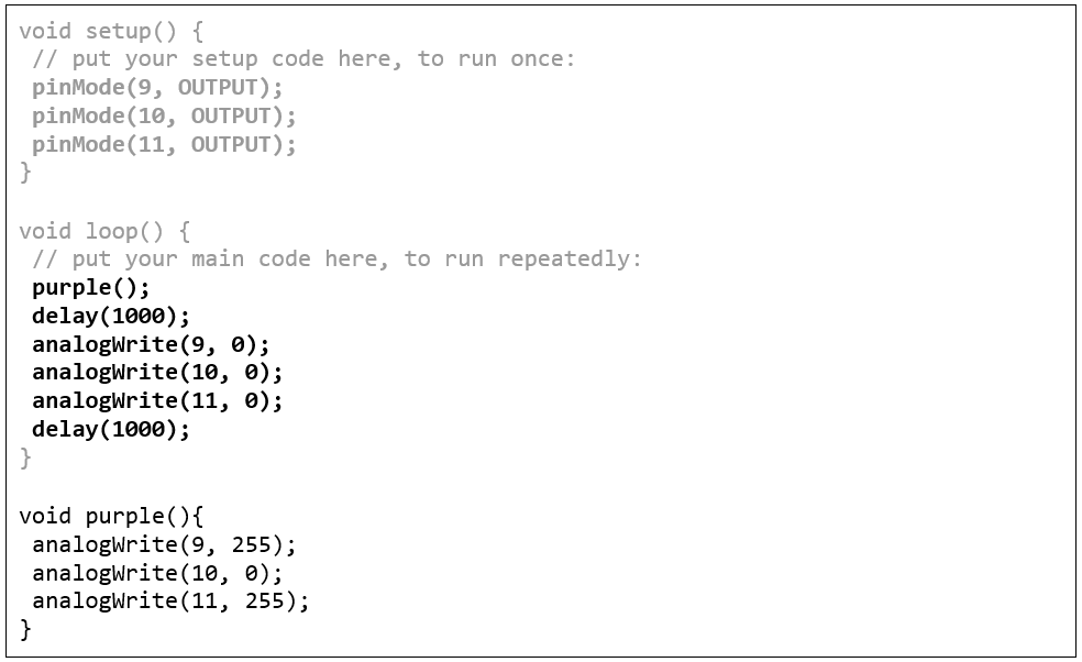 Modified code in the digital sandbox. Includes a purple() and void purple (){