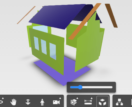 An image of a rendered energy model of the building. The model is a colorful stick frame model version of the small building, with different colors representing the different degrees of heat entering and leaving the structure.