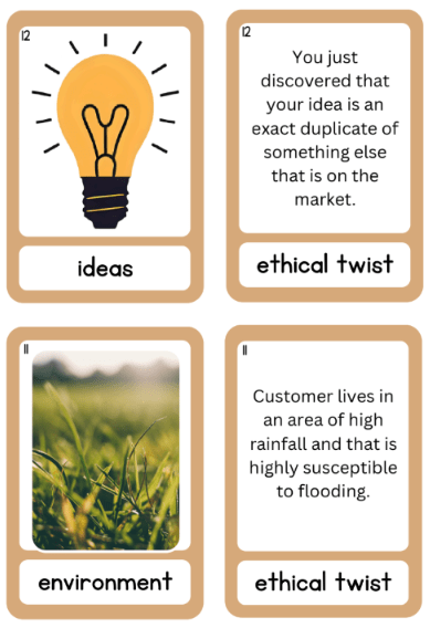 An image of rectangular two-sided playing cards with category on one side, and ethical twists on the other. Ideas: You just discovered that your idea is an exact duplicate of something else that is on the market. Environment: Customer lives in an area of high rainfall and that is highly susceptible to folding.