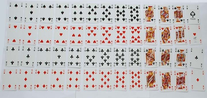 52 playing cards laid out by suit and value. They are organized in rows of the same suit and columns of the same value.