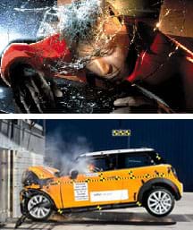 Two photos: The head of a crash dummy seen through a car windshield after impact, with the head resting on cracked glass. The side view of a yellow Mini Cooper car that has crashed into a wall, with its front end crumpled.