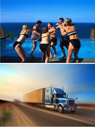 Two photographs: Three girls in swimwear push three boys into a pool. A cargo truck speeds down a road.