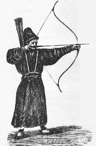 Image shows a man with a bow and arrow. 