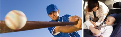 Two photographs: A man in a blue uniform and cap swings a bat to hit a baseball. A woman buckles a baby into the straps of a child safety seat in the backseat of a car.