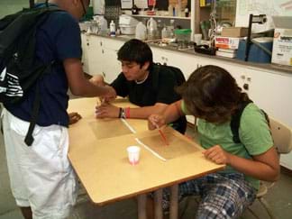 Photo shows two students sitting at a classroom table carefully dropping a pink liquid onto clear transparency sheets with grids printed on them.