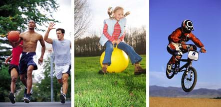 Three photos: (left) Three men running as they play basketball. (middle) A girl uses a sit-down bouncy ball on a lawn. (right) A BMX bike rider with both wheels off the ground.