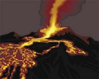 Drawing shows gold and yellow lava flowing down a hillside from a spurting volcano vent.