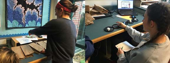 left: a female student reaches with her right hand into a paper bag; right: a female student pushes down with her right index finger onto a blue foam sample glued to a black yogurt lid. 