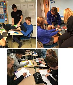 Top left: three male students build their shin guard prototype. One is documenting the process while one stands to hold it and a third student observes. Top right: two female and one male students use a glue gun on a foam shin guard. Bottom: three female students and one male student sit and evaluate their shin guard in an engineering design notebook.