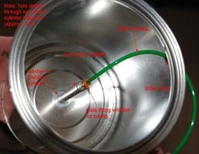 Photo shows inside a paint can with many labeled parts: washer to stabilize cylinder, pneumatic cylinder, male fitting with collet for tubing, plastic tubing, drilled hole in side of can. Note: Hole drilled through can where cylinder attaches (approx. ¼-inch).