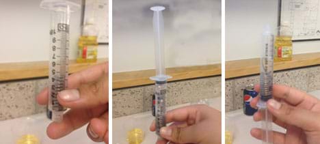 Three photos: (left) A clear, plastic 20 ml syringe with a spring placed inside is held vertically with a person's finger covering the bottom opening. Plunger is not on the syringe. (middle) The same spring/syringe set-up is partially filled with water, a finger still covers the bottom opening. A plunger caps the top of the syringe. (right) Next, the same set-up is held upside-down (still vertical).