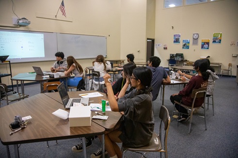 A photo showing a teacher demonstrating the experimental protocol to the students in the classroom.
