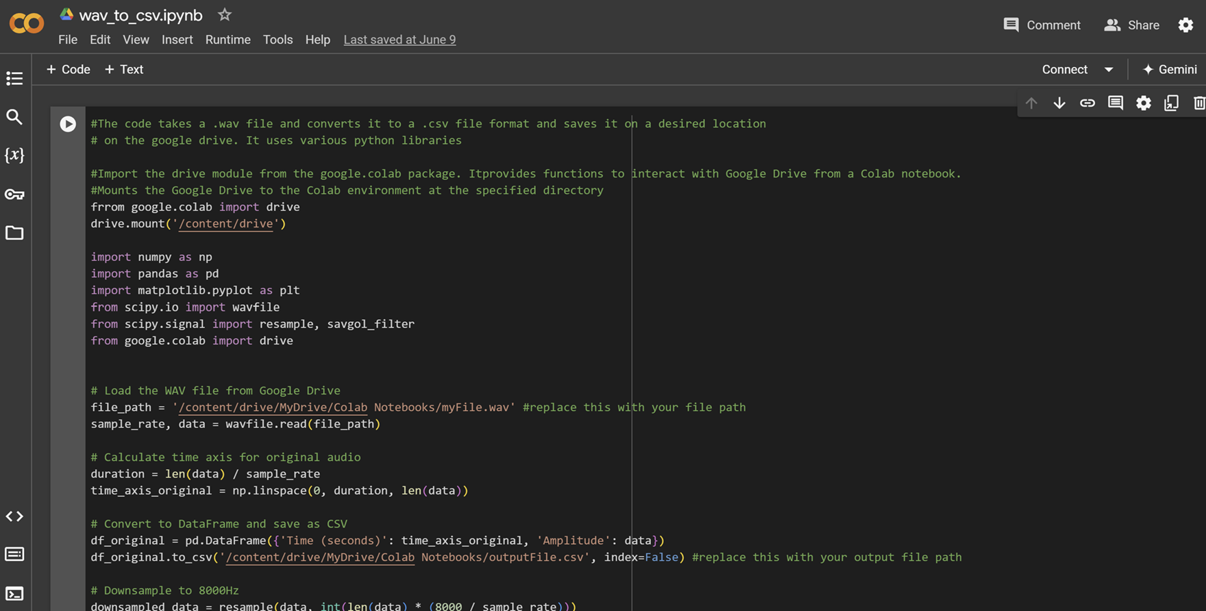 A screenshot of a Google Colab Jupyter notebook with Python code for data conversion. 