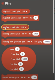A screenshot of sample code for the micro:bit showing the different read pins available and which one to choose (highlighter in yellow “analog read pin p0).