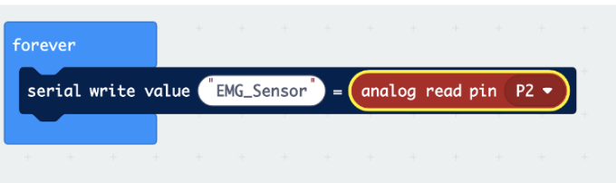 A screenshot of a micro:bit program showing all the blocks needed to connect the micro:bit to the muscle sensor.