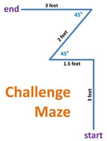 A line drawing shows a route from start to finish: 3 feet forward, turn left 90°, forward 1.5 feet, turn right 135° (45° angle identified), forward 2 feet, turn left 135° (45° angle identified), forward 3 feet.