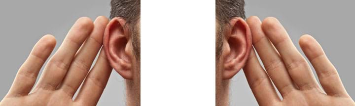 Two identical but inverted photos shows open an open hand placed behind each ear, as if to help direct sound waves into the ears.