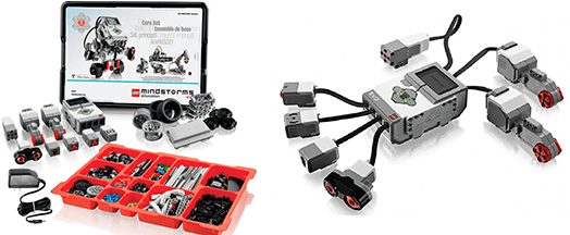 Two photographs: The LEGO MINDSTORMS EV3 core set with many  components laying nearby. Eight LEGO robot components: three motors, intelligent brick/computer, two touch sensors, ultrasonic sensor and color sensor.
