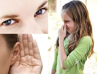 Three photos show three of the five human sensors: a person's eyes, a person's ear and a girl holding her nose and making a face due to a bad smell.