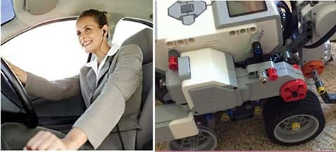 Two photographs: A woman in a suit sits in the front seat of a car, driving and shifting gears. A close-up of a LEGO MINDSTORMS EV3 robot with a servo motor attached to one of its wheels.