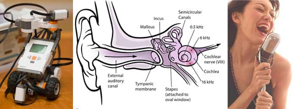 Three images: (left) A small wheeled robot made of plastic parts, cables and buttons with a small box-shaped sound sensor attached to it. (middle) A cutaway drawing shows the human ear anatomy including the external auditory canal, tympanic membrane, malleus, incus, stapes, semicircular canals, cochlear nerve and cochlea. (right) A woman holding a microphone belts out a song.