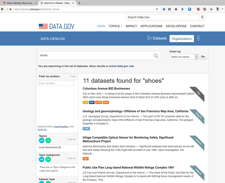 A screen capture shows the data.gov website search results for “shoe” query. A headline says: 11 datasets found for “shoes.”