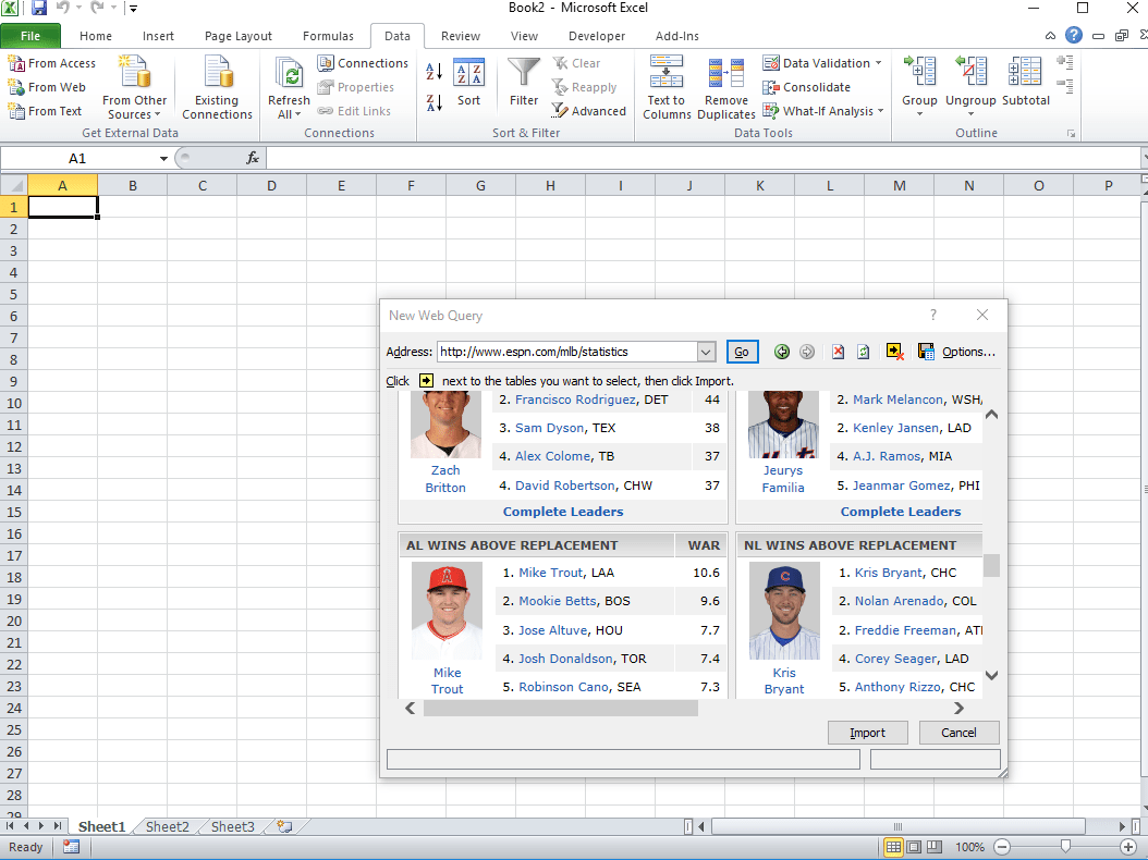 A screen capture shows an Excel Web Query window on a blank Excel spreadsheet with data that includes pro baseball player names, win stats and photos pulled from an ESPN website.