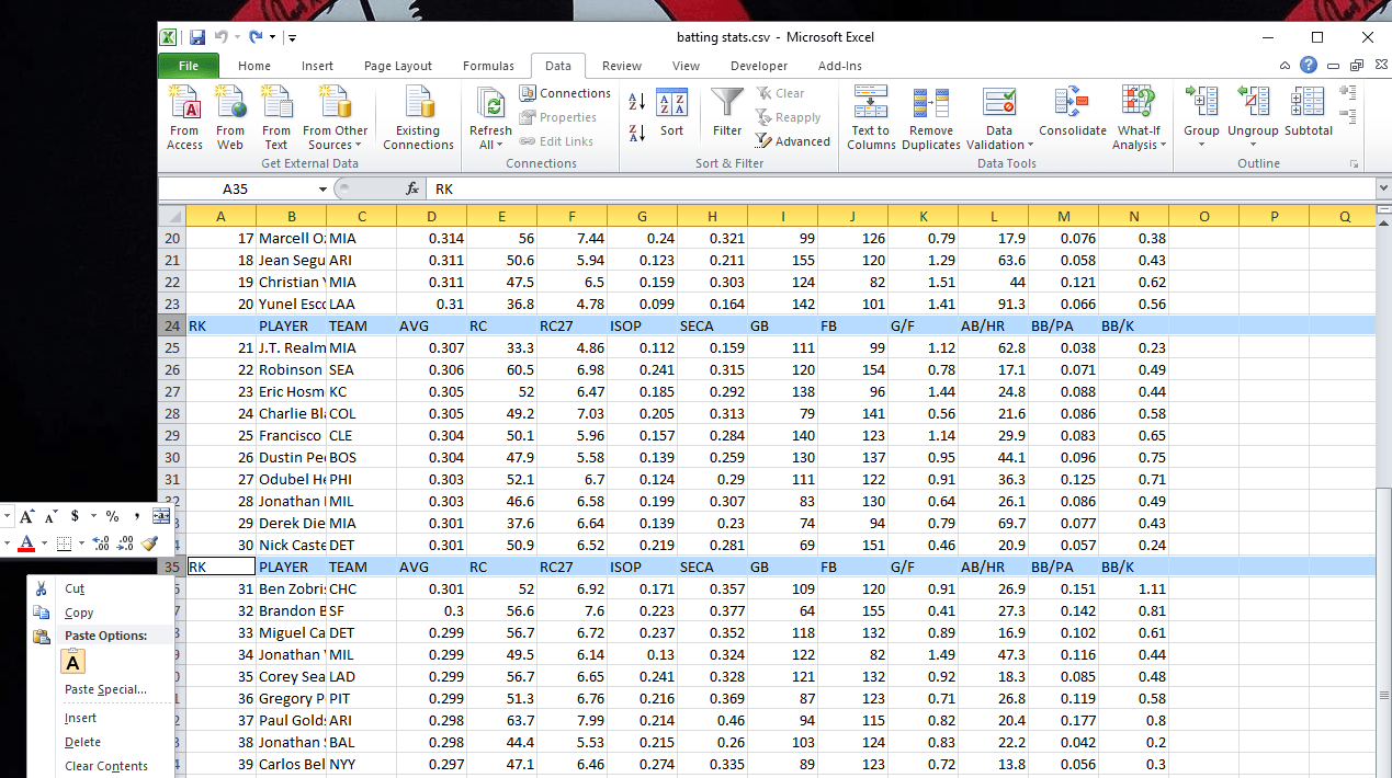 A screen capture of an Excel spreadsheet data import with extraneous information.