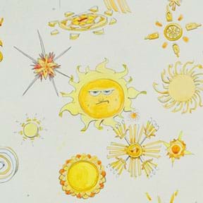 An artist’s drawing in yellows, golds and black shows a dozen varied sketches of the sun, one with a grumpy face, all on a pale gray background. The artist’s statement: “I don't get much real sun, so I drew all the images I could find. We named an entire day after it. Simple tribute to the big star.”