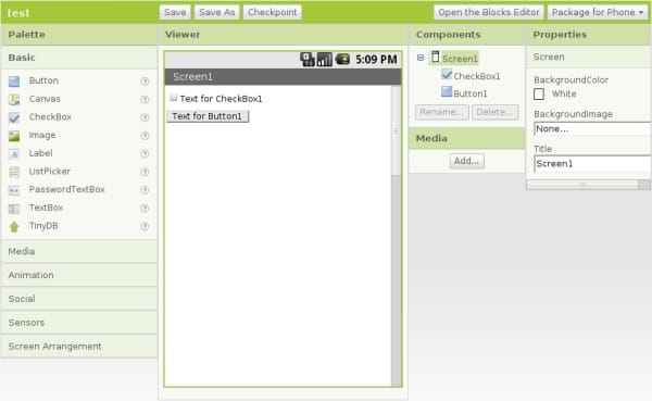 A screen capture image shows the App Inventor user interface. Along the left side Palette column, the Basic menu is expanded to display the following options: Button, Canvas, CheckBox, Image, Label, ListPicker, PasswordTextBox, TextBox, and TinyDB. Other menus in this column include Media, Animation, Social, Sensors, and Screen Arrangement. In this center of the user interface is a white space entitled Screen1. In the top left, it reads "Text for CheckBox1" and below in a box: "Text for Button1". On the right side there are two columns: Components and Properties. 