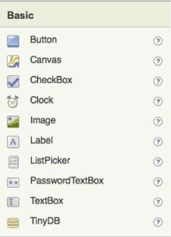 A screenshot of the Basic tools available in App Inventor: Button, Canvas, CheckBox, Clock, Image, Label, ListPicker, PasswordTextBox, TextBox and TinyDB. To the left of each option are small icons.