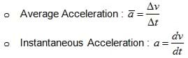 Average acceleration is equal to the change in velocity divided by the change in time. Instantaneous acceleration is equal to the instantaneous rate of change of the velocity divided by time. 