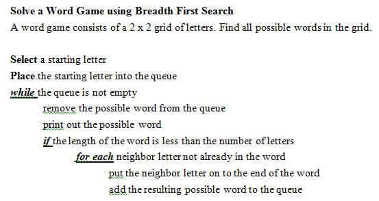 A word game consists of a 2 x 2 grid of letters. Find all possible words in the grid. Select a starting letter. Place the starting letter into the queue. While the queue is not empty, remove the possible word from the queue, print out the possible word if the length of the word is less than the number of letters. For each neighbor letter not already in the word, put the neighbor letter onto the end of the word, add the resulting possible word to the queue.