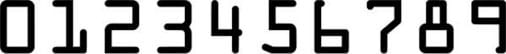 The digits zero through nine in the OCR-A typeface, which looks like a stereotypical "computer" typeface with simple, thick strokes.