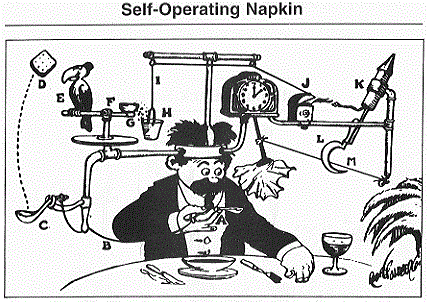 A cartoon drawing shows a Rube Goldberg machine for a self-operating napkin. When the man eats, a series of events happen, eventually causing a napkin to wipe his face.