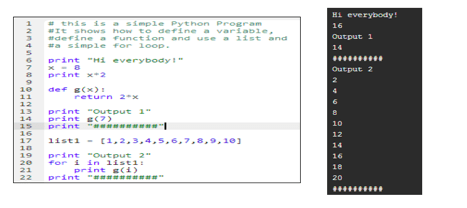 A screen capture image shows a simple Python program that includes the coding for how to define a variable, define a function and use a list and a simple for loop. It results in the output of: Hi everybody! 16; Output 1: 14; Output 2: 2, 4, 6, 8, 10, 12, 14, 16, 18, 20.