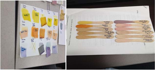 Two photographs show a hanging poster with different labeled solutions on cloth and on Popsicle sticks.