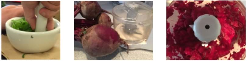 A composite of three images: extracting colors from leafy greens using a mortar and pestle (right); preparing a blender to chop beets (center); beets ready for color extraction (left).