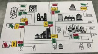 A photo showing the printout of City Layout 2 with red trucks and green trucks.