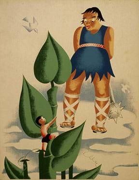 Image shows an artist’s rendition of Jack almost to the top of the beanstalk and a giant in the clouds looking down at Jack.