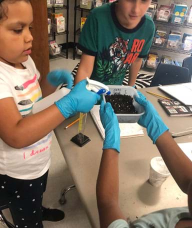 One student is holding the practice habitat full of soil up while another student is spraying water into the habitat. Another student is observing. A graduated cylinder is near that was used to measure the water put in the spray bottle. Students are wearing gloves for protection.