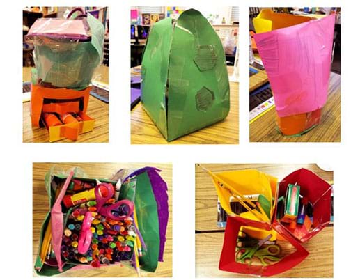 A photograph five brightly colored organizers, of various sizes and shapes, hand-made by students.
